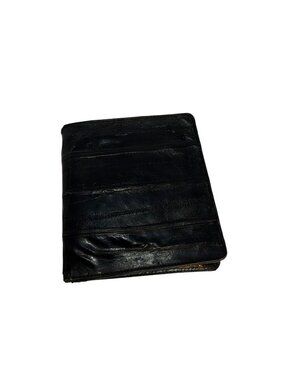 Vintage Black Genuine Eel Skin Bi-Fold Wallet Multiple Card Slots & ID Window